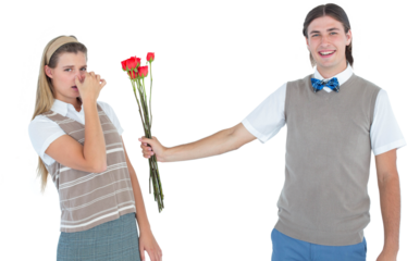 Geeky hipster offering red roses to his girlfriend 