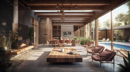 Fototapeta na wymiar exterior common area with lap pool,fireplace and indoor and outdoor furniture. Generative Ai