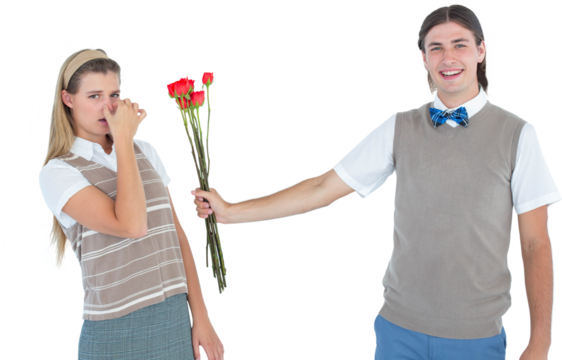 Geeky hipster offering red roses to his girlfriend 