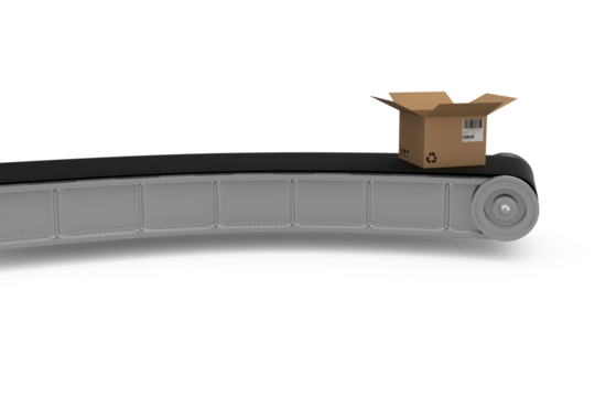 3D image of production line with open cardboard box - Powered by Adobe