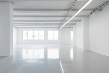 Bright and airy work environment with clean white interior and ample natural light, white empty interior, Generative AI