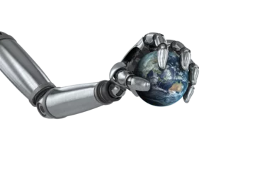 Tuinposter Digitally generated image of chrome robot hand © vectorfusionart
