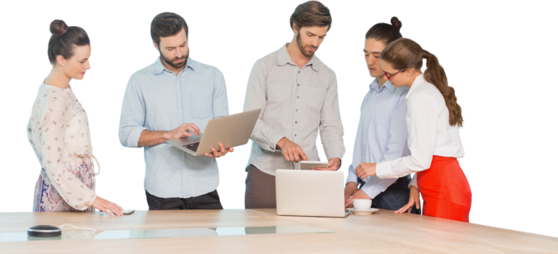 Business people interacting while standing at table
