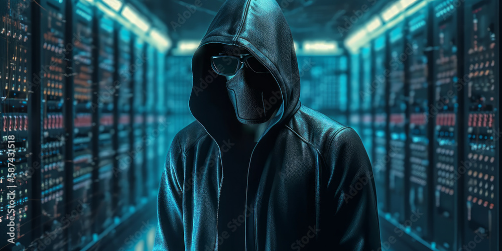Poster dark hacker with hood and mask strikes inside of data center. generative ai