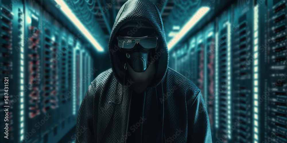 Poster dark hacker with hood and mask strikes inside of data center. generative ai