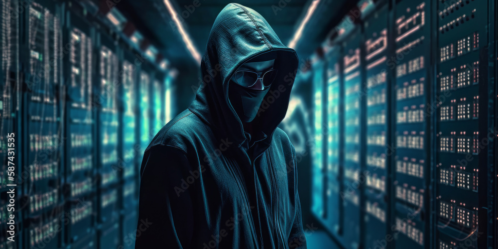 Poster dark hacker with hood and mask strikes inside of data center. generative ai