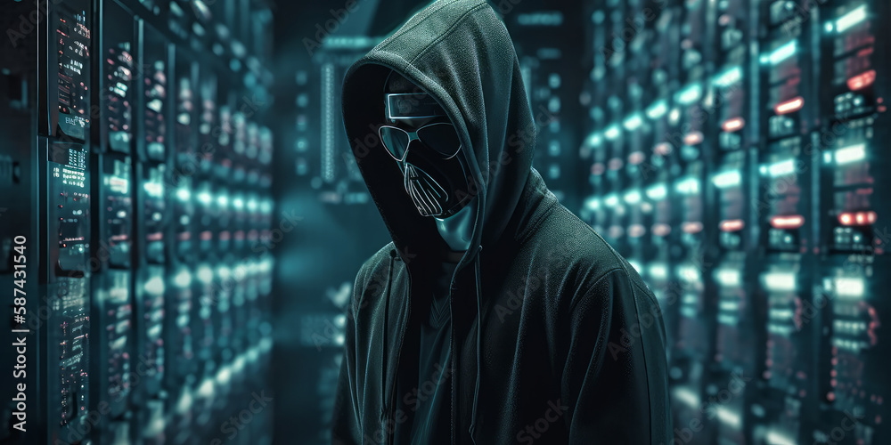 Poster dark hacker with hood and mask strikes inside of data center. generative ai