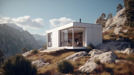 white modern tiny house in the mountains
