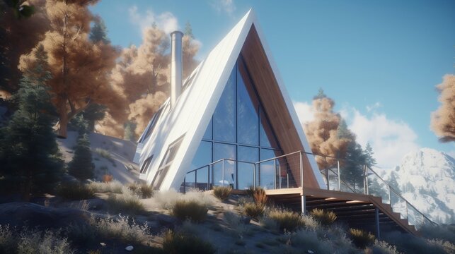 white A Framem tiny house over the mountain