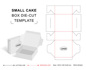 Small cake box die cut template with 3D blank vector mockup for food packaging
