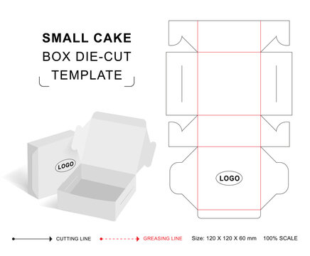 Small cake box die cut template with 3D blank vector mockup for food packaging