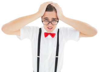 Geeky young hipster looking stressed