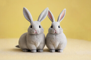 Fototapeta na wymiar two white rabbits sitting next to each other on a yellow background. Easter background. Copy space. Generative Ai