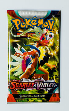 Hamburg, Germany - 03312023: macro photo of single pokemon booster card pack of the english SVI series scarlet and violet.