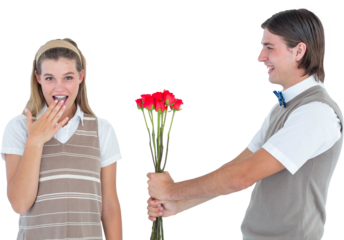 Geeky hipster offering red roses to his girlfriend 