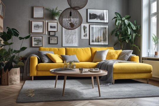 Grey corner sofa cushions in bright living room with yellow painting and table. Real picture. Generative AI