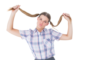 Geeky hipster holding her pigtails