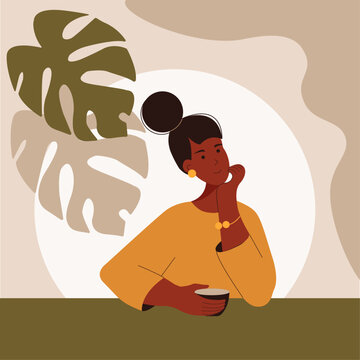 A girl sits at a table and drinks coffee, a flat style image, vector graphics.