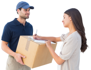 Happy delivery man with customer