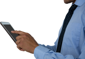 Midsection of businessman using tablet computer