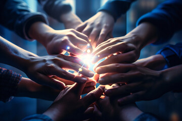 A close-up view of young business professionals stacking their hands together, symbolizing teamwork and collective effort