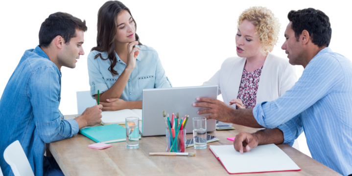 Group of young colleagues using laptop in a meeting