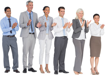 Business people holding cup and cheering 