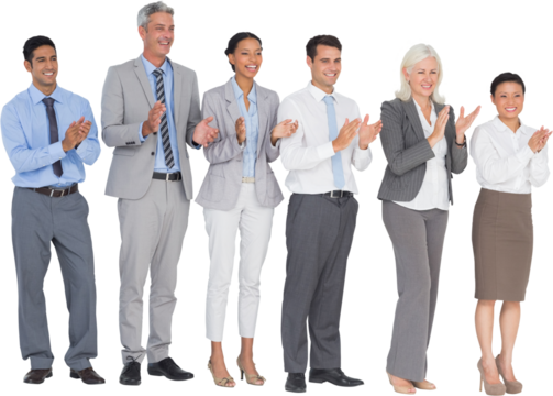 Business people holding cup and cheering 
