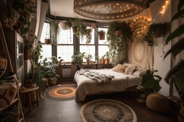View from above of pleasant light boho bedroom with circular canopy bed on second home level, adorned with diverse green tropical plants in flower pots on floor and ceiling, no people. Generative AI