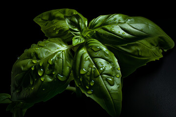 Basil plant.Cooking herb. Green herbal spice. Italian cuisine. Aromatic ingredient.Healthy natural, organic seasoning. Culinary freshness. Raw leaves for flavors. Garden pesto herb. Generative Ai - obrazy, fototapety, plakaty