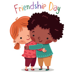 Happy Friendship Day. Two international children hugging. Funny cartoon character. Vector illustration. Isolated on white background.