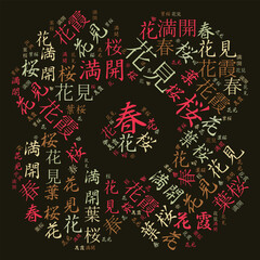 Word pattern on the topic spring, flower, flower viewing, sakura, cherry tree in leaf, full bloom, hazy curtain of flowers in Japanese.