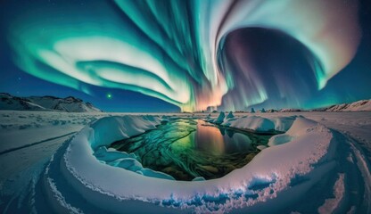 A Mesmerizing Photograph of the Northern Lights Above a Snowy Terrain, a Small Lake Surrounded by Snow and Mountains. Created using generative AI.