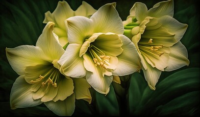  a close up of two yellow flowers with green leaves in the background.  generative ai