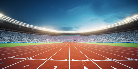 front view of an athletics stadium with a racetrack and starting blocks. Generative AI - obrazy, fototapety, plakaty