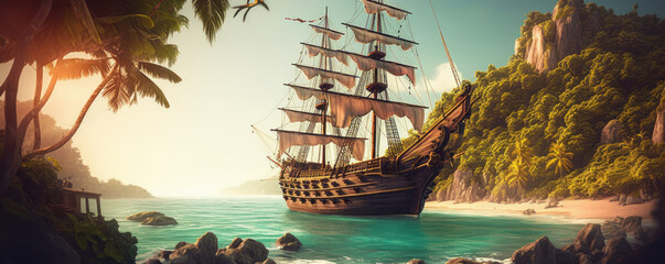 Pirate adventure on the high seas. Large pirate ship making its way to the bay of a tropical island. Generative AI - obrazy, fototapety, plakaty