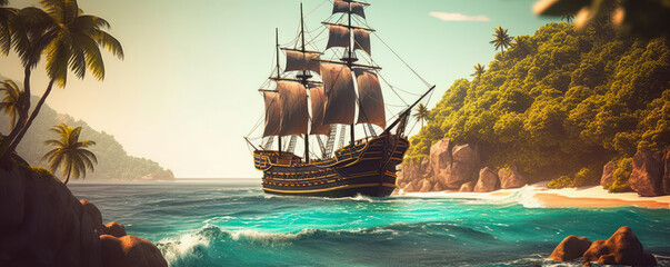 Fototapeta premium Pirate adventure on the high seas. Large pirate ship making its way to the bay of a tropical island. Generative AI