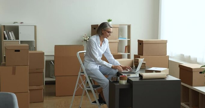 Focused businesslady working from warehouse use laptop, manage orders from customers, prepare products for sending use delivery, fast safe shipment services. Workflow of on-line retail web store owner