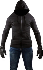 Male hacker wearing black hoodie while standing