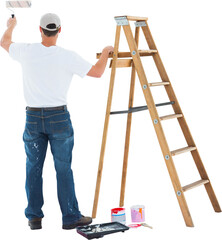 Man painting by step ladder on white background