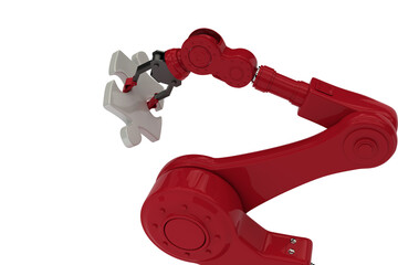 Cropped image of red robotic hand with puzzle piece