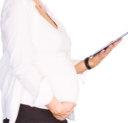 Midsection of pregnant woman using digital tablet