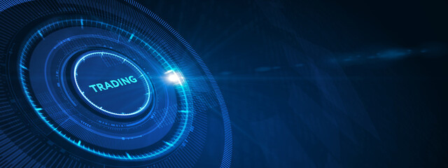 Trading word on digital screen, global communication concept. 3d illustration