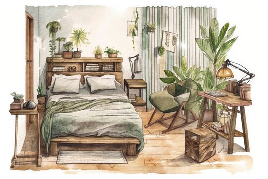 Watercolor bedroom decor in wabi sabi style, basic living idea, hand drawn image on white backdrop. Generative AI