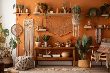 A 70s boho style arch color block wall decor display with macrame wall hanging, wooden shelves, piled books, letter board, string lights, and indoor plants. Bohemian homey nook. Generative AI