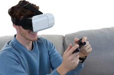 Man using virtual  reality headset and joystick