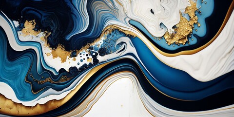 Paint splash, Alcohol ink mixed with acrylic fluid art, abstract background. White, Blue and gold colours. Generative AI