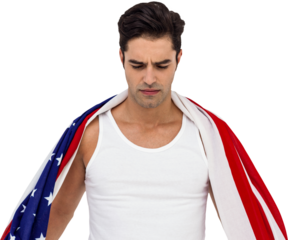 Athlete with american flag wrapped around his body
