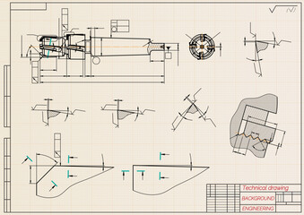 Mechanical engineering drawings on sepia background. Tap tools, borer. Technical Design. Cover. Blueprint. Vector illustration.