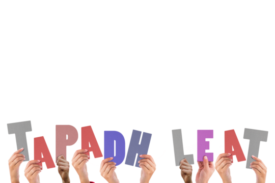 Colorful alphabet spelling thank you in Scottish Gaelic held up by people  - Powered by Adobe